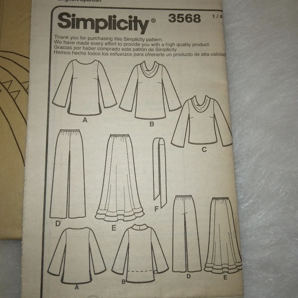 SIMPLICITY 3568 Sz 10-18 Easy-to-Sew Misses top 2 lengths pants skirt sash